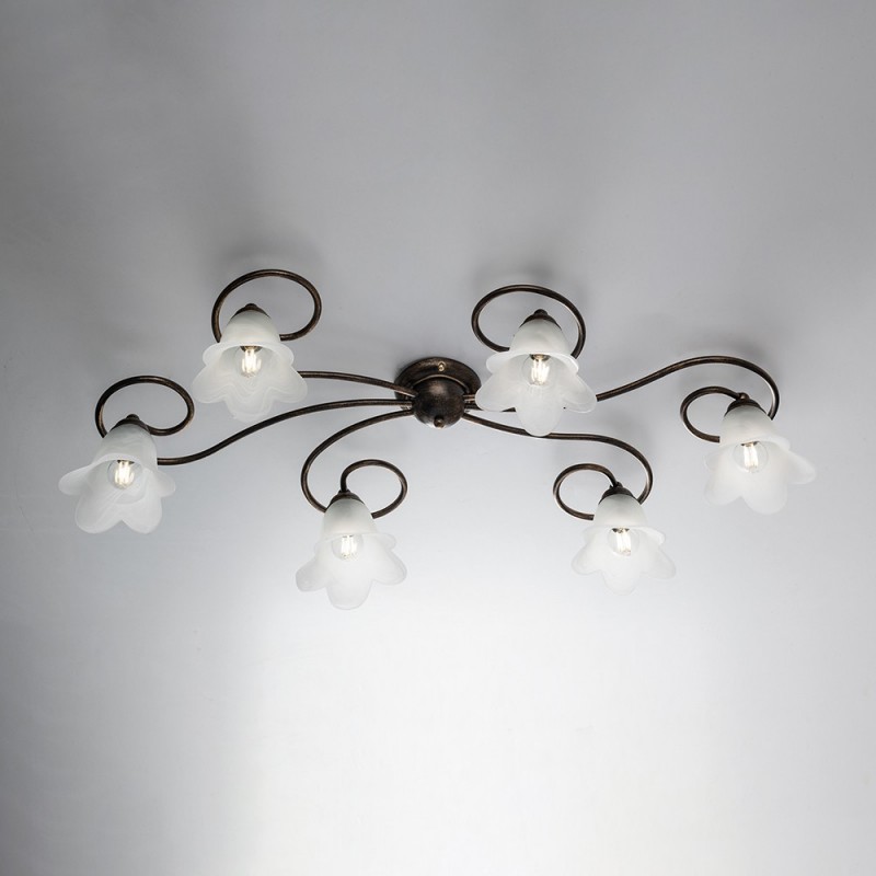 Plafoniera Ferro Marrone Oro Sei Luci Paralumi in Vetro Bianco 99x50x h17 cm