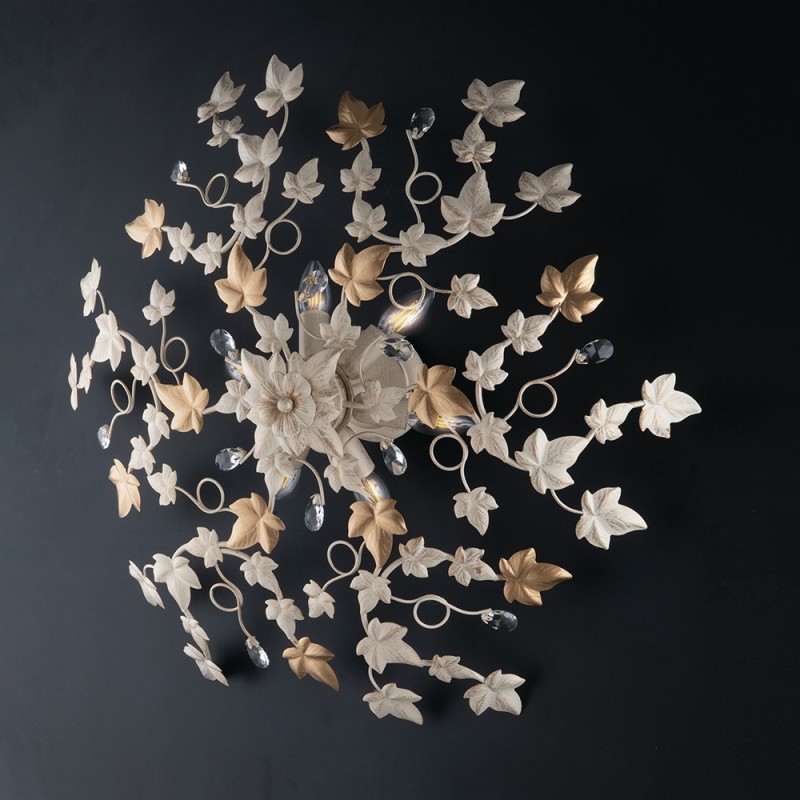 Plafoniera in ferro Avorio Oro Chiaro e strass sei luci 80x h22 cm