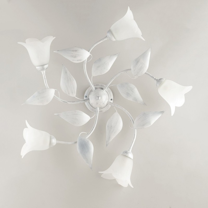 Plafoniera in ferro bianco argento con vetri alabastro bianchi 70x h20 cm