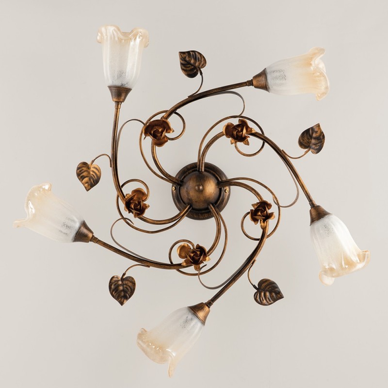 Plafoniera in ferro marrone oro foglie cinque luci 70x h15 cm