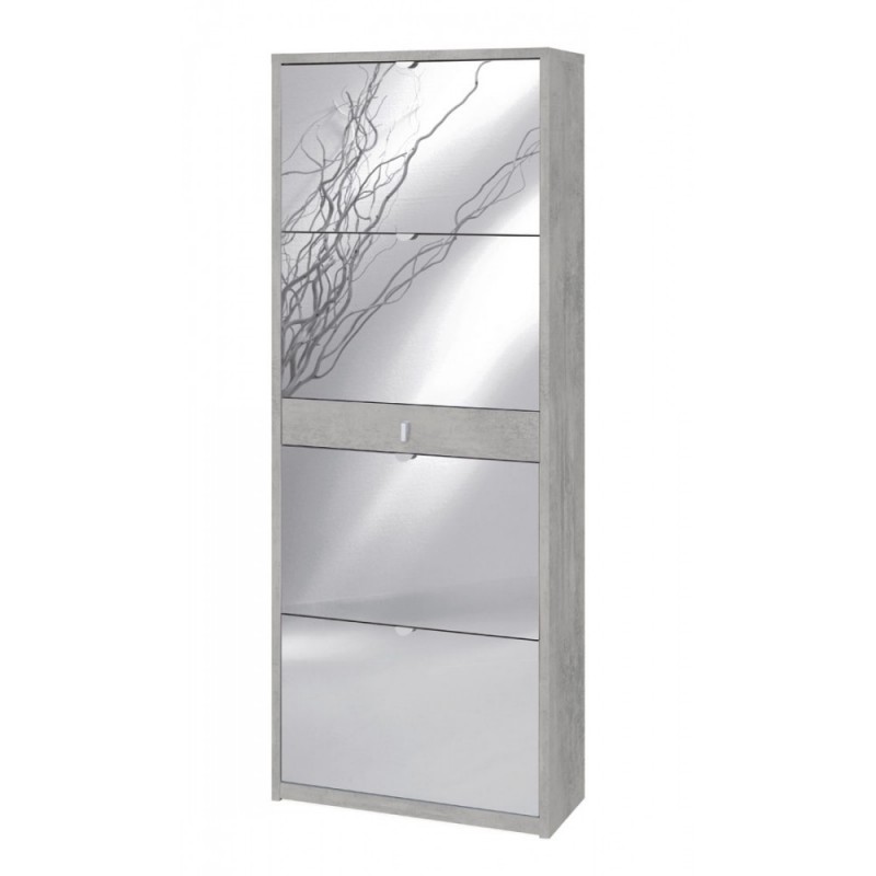 Scarpiera a specchio con 4 ante e cassetto, Beton Cemento, 63x29x164 cm