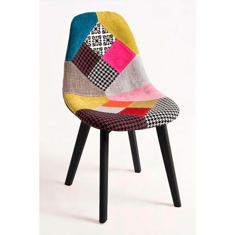 Sedia Mab in Tessuto Patchwork con Gambe in Legno Nero 84x48x54 cm