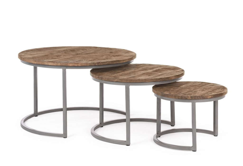 Set 3 tavolini in acciaio e legno Narvik - Stile industriale - Misure: grande ø78x47 cm, medio ø58x40 cm, piccolo Ø43x33 cm