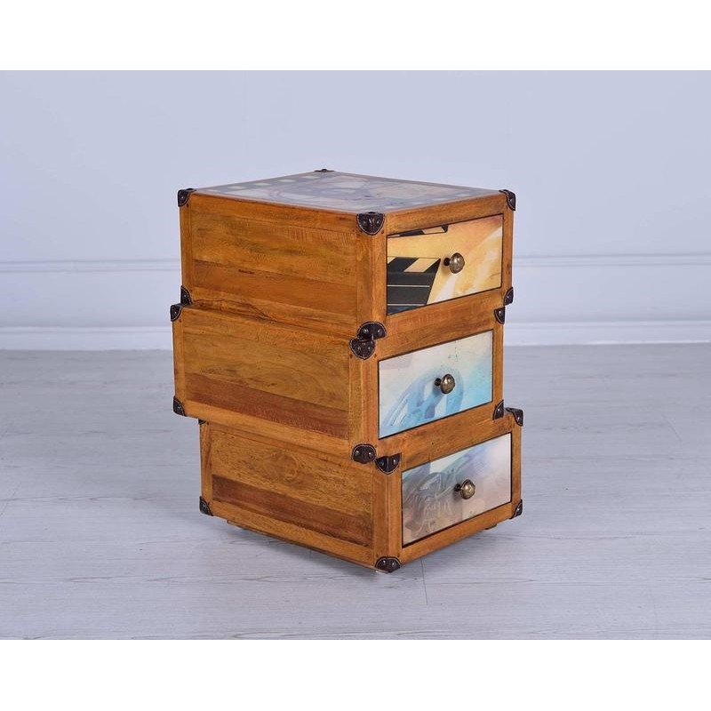 Cassettiera 3 cassetti decorati multicolor in legno di mango  55x38xh.55 cm - Samnite
