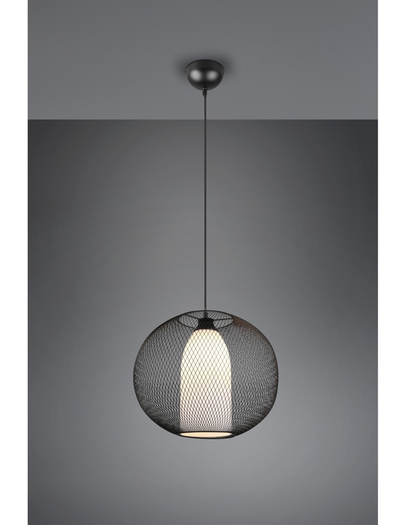 Lampadario Sospensione Diffusore Gabbia Tonda Metallica Nero Con Vetro Opale Filo Trio Lighting - Samnite
