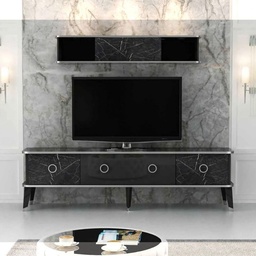 [S-FZ97175] Porta tv con pensile Bientv 180 effetto marmo nero particolari argento