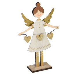 [S-V6196360000] Angelo in legno con cuori bianco oro 16x5x26 cm