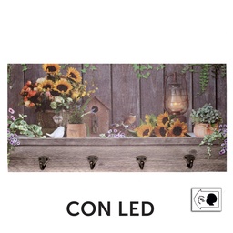 [S-V5925010000] Appendino legno 4 posti con led girasoli 60x30x1,8 cm