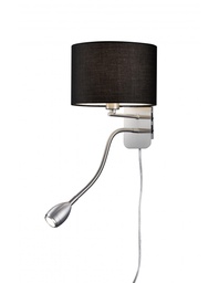[S-TRIO271170202] Applique Hotel Nichel e Paralume Rotondo Tessuto Nero con Luce Lettura L20 cm