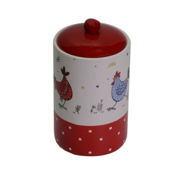 [S-V5857150000] Barattolo ceramica bianco galline tondo 10,5x19,6 cm