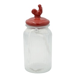 [S-V5920560000] Barattolo in vetro con tappo gallo ceramica rosso tondo 11x11x25 cm