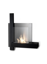 [S-FP/012] Biocamino da parete elegante e moderno, 22cm x 72cm x 63cm, in metallo nero con vetro temperato trasparente e bruciatore in acciaio inossidabile grigio cromo