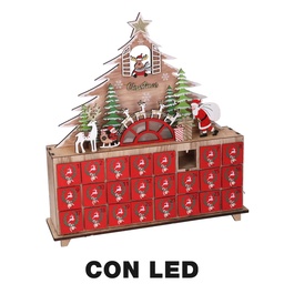 [S-V6309050000] Calendario in legno con albero rosso e luci a led, 31x8x34,5 cm