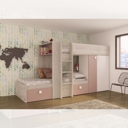 [S-FZ100294] Cameretta 1262 con letto a castello con due cassettoni e armadio colore bianco consumato e rosa antico