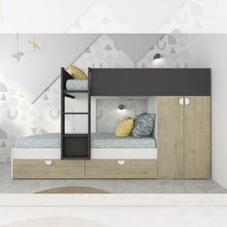 [S-FZ100306] Cameretta con letto a castello con cassettoni e armadio colore rovere e antracite