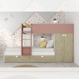 [S-FZ100305] Cameretta con letto a castello con cassettoni e armadio colore rovere e rosa antico