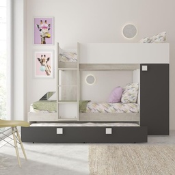 [S-FZ100302] Cameretta con letto a castello e letto estraibile con armadio integrato colore bianco consumato e antracite