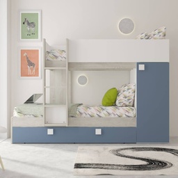[S-FZ100299] Cameretta con letto a castello e letto estraibile con armadio integrato colore bianco consumato e azzurro