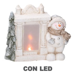 [S-V6147380000] Camino in resina con pupazzo di neve LED bianco 27x12x23 cm