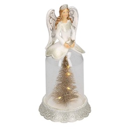 [S-V6131960000] Campana in vetro e resina bianca con angelo e pino, dimensioni 12x12x24 cm