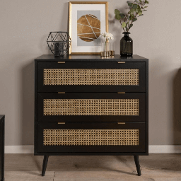 [S-FZ99083] Cassettiera Vienna03A 3 cassetti nera con frontali vimini