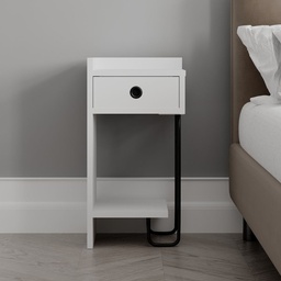 [S-FZ96984] Comodino Sirius bianco con cassetto e gamba in metallo nero sinistro