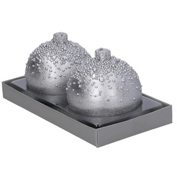 [S-V5512040000] Confezione 2 pezzi candela paraffina sfera con bolle argento ø7,5h7,5