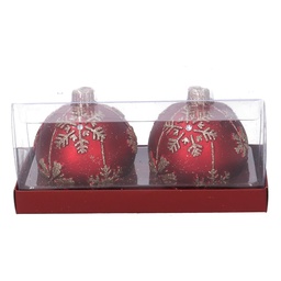[S-V5511540000] Confezione 2 pezzi candela sfera con fiocchi di neve rosso ø7,5h7,5