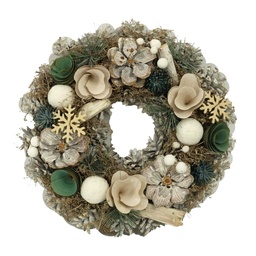 [S-V6323050000] Coroncina con pigne e fiori bianco verde ø30x7,5 cm