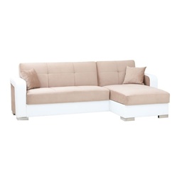 [84112] Divano letto ecolpelle bianco e tessuto beige con penisola a destra 240x140xh.88 cm