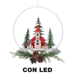 [S-V6317230000] Ghirlanda Metallo LED con Chiesa Rosso 25x7x47,5 cm