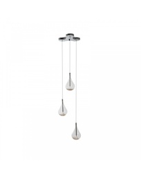 [S-LA/061] Lampada a sospensione in vetro e cristallo rosa, con cavo e rosone in acciaio grigio cromo, 33cm x 33cm x 133cm