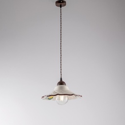 [S-BL261-S1-RG] Lampadario cavo in tessuto Nero Ruggine una luce paralume in Ceramica Bianco 30x h15 cm