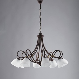 [S-BL217-8-RG] Lampadario ferro Nero ruggine otto luci paralumi vetro Alabastro bianchi 81x h55 cm