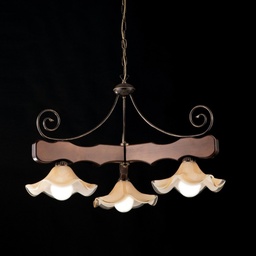 [S-BL199-3-BR] Lampadario in Legno e ferro Noce Antico tre luci paralumi in vetro 80x h50 cm