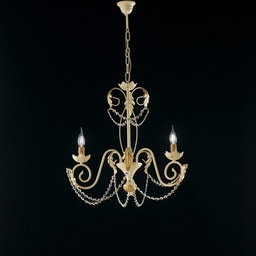 [S-BL77-3-AV] Lampadario in ferro Avorio Decape  Oro strass damasco tre luci 47x h60 cm