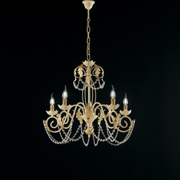 [S-BL77-5-AV] Lampadario in ferro Avorio Decape e Oro strass damasco cinque luci 63x h65 cm