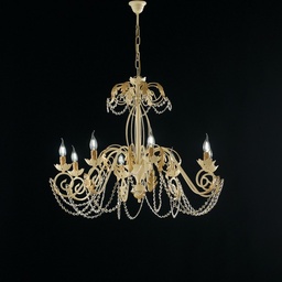 [S-BL77-8-AV] Lampadario in ferro Avorio Decape e Oro strass damasco otto luci 90x h70 cm