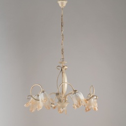 [S-BL211-5-AV] Lampadario in ferro Avorio Oro cinque luci paralumi in vetro Bianco Ambra 64x h45 cm