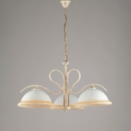 [S-BL142-3-AV] Lampadario in ferro Avorio Oro tre luci vetri Bianchi e Ambra 68x h43 cm