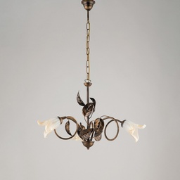 [S-BL179-3-BR] Lampadario in ferro Marrone Oro Vetri Bianchi Ambra tre luci 58x h43 cm
