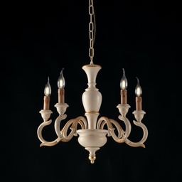 [S-BL172-5-AV] Lampadario in legno Avorio e Foglia Oro cinque luci 50x h50 cm