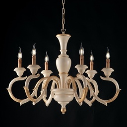 [S-BL172-6-AV] Lampadario in legno Avorio e Foglia Oro sei luci 91x h65 cm
