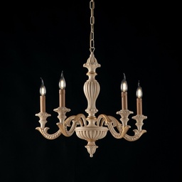 [S-BL180-5-AV] Lampadario in legno Avorio e foglia Oro cinque luci 53x h57 cm