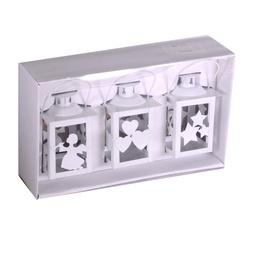[S-V37197700BI] Lanterna Natalizia in Metallo Bianco, Confezione da 3 Pezzi, Dimensioni Quadrate 7,5x7,5x11 cm