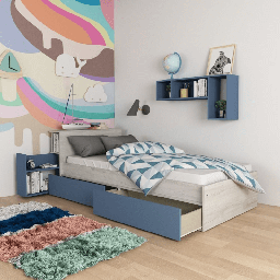 [S-FZ98426] Letto singolo 1660 bianco celeste con comodino estraibile