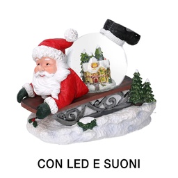 [S-V6159790000] Palla di vetro con musica Babbo Natale slitta in resina LED cm19,5x12,5h18