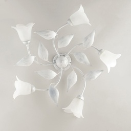 [S-BL155-PL5-BA] Plafoniera in ferro Bianco Argento cinque luci vetri Alabastro Bianchi 70x h20 cm