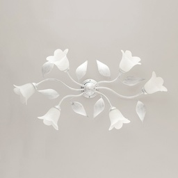 [S-BL155-PL6-BA] Plafoniera in ferro Bianco Argento sei luci vetri Alabastro Bianchi 95x52x h20 cm