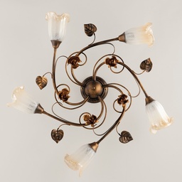 [S-BL26-PL5-BR] Plafoniera in ferro Marrone Oro foglie cinque luci 70x h15 cm